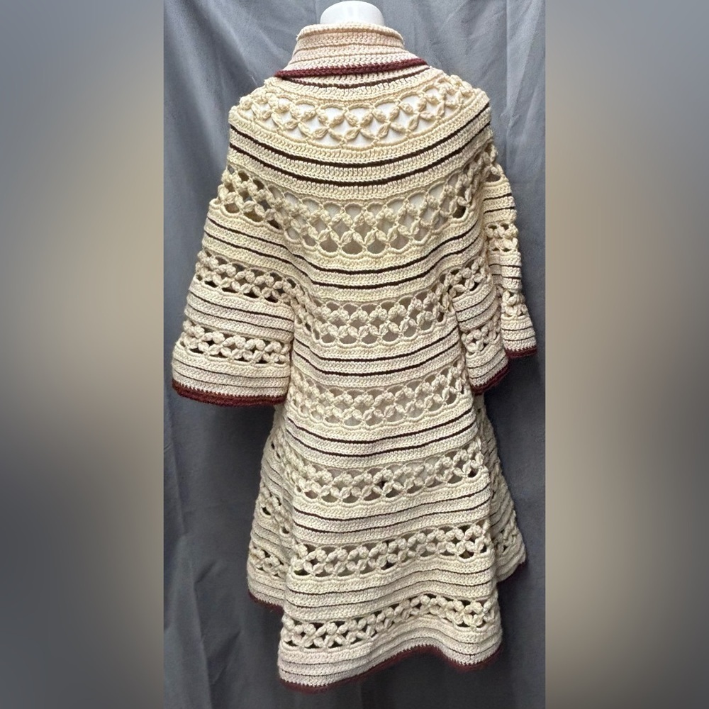Vintage 60s One of a Kind Hand Crocheted Ivory with Brown Trim Sweater Jacket - Picture 6 of 9